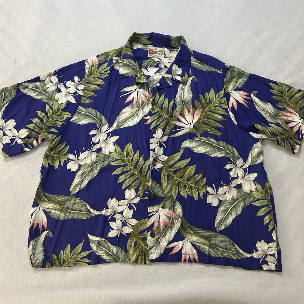 Hilo Hattie Hawaiian Original Blue Floral Aloha Shirt Mens 2XL USA Casual Button